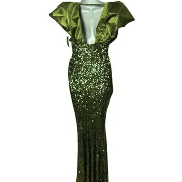 ASOS Design Olive Green Puff Sleeve Satin Sequin Maxi Sheath Dress - Picture 4 of 5